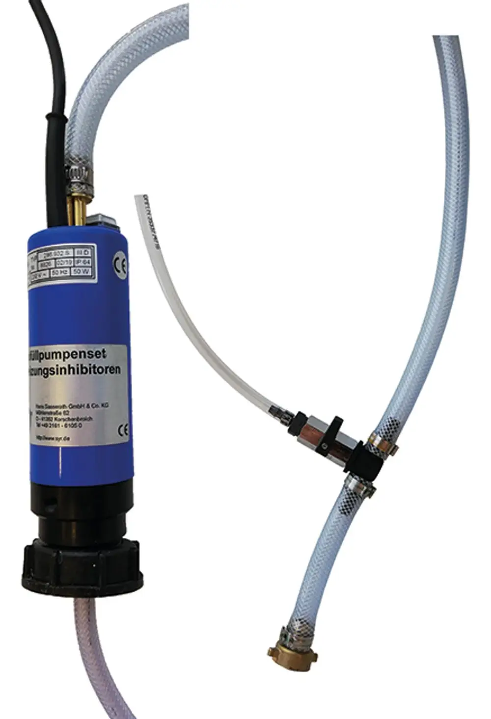 Syr Einfüllpumpen-Set für Heizungsinhibitoren mit Anschlusskabel, Schläuchen und einem Ventil. Gerät zur Befüllung von Heizungsanlagen.